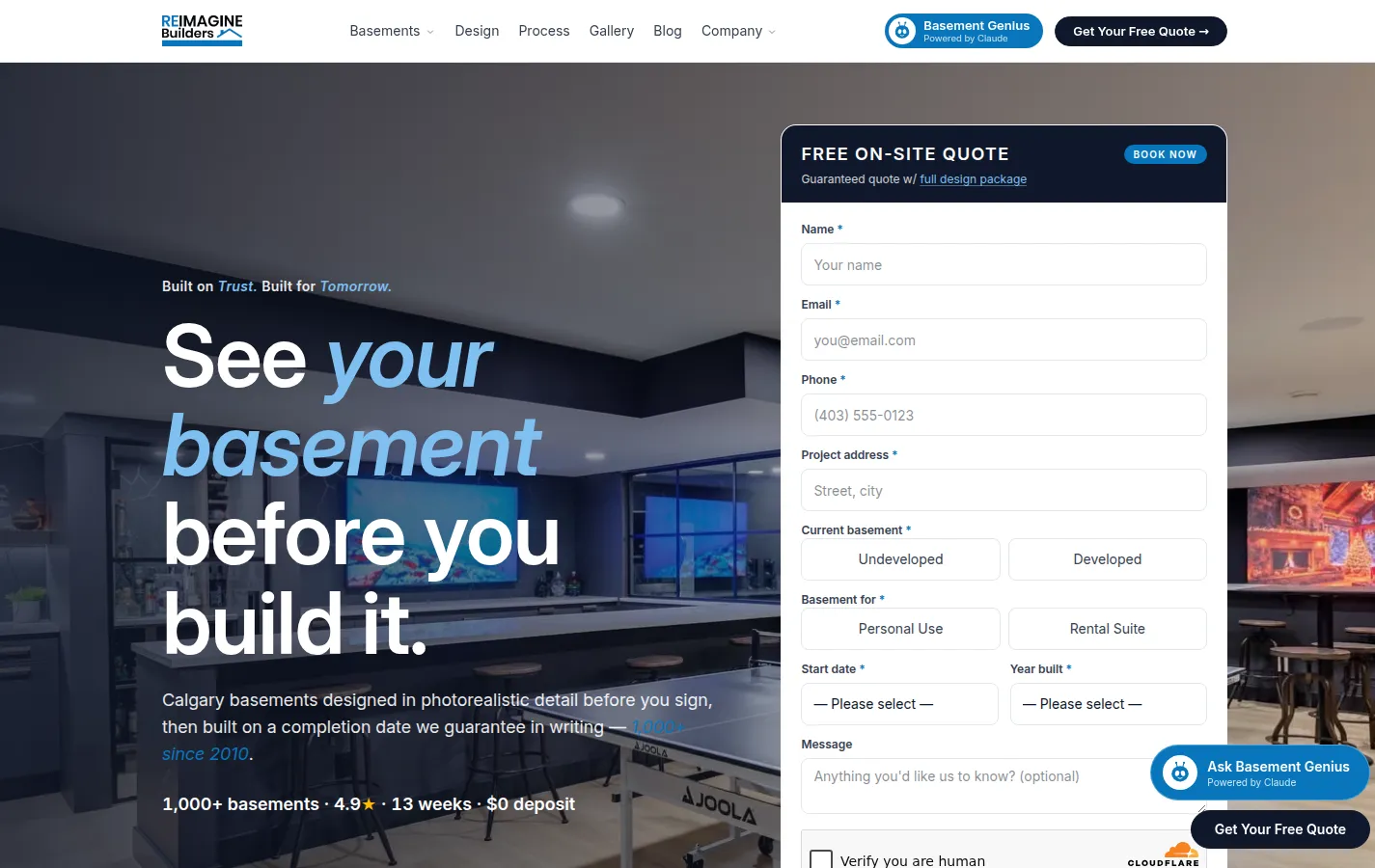 The new ReImagine Builders home page. The heading See your basement before you build it sits on a dark basement photo, with a free on-site quote form on the right of the first screen.