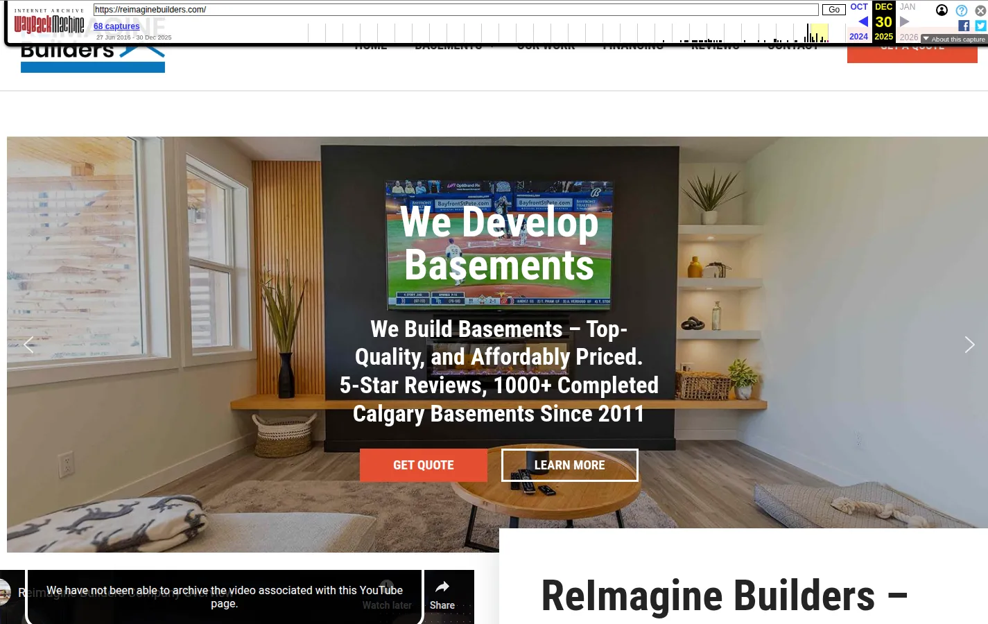 The old ReImagine Builders home page. A large photo of a finished basement with the heading We Develop Basements and two buttons, Get Quote and Learn More. No form on the screen.