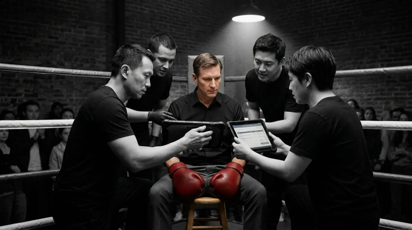 A man in red boxing gloves sits on a stool in his corner while two of his team hold up tablets to show him the numbers