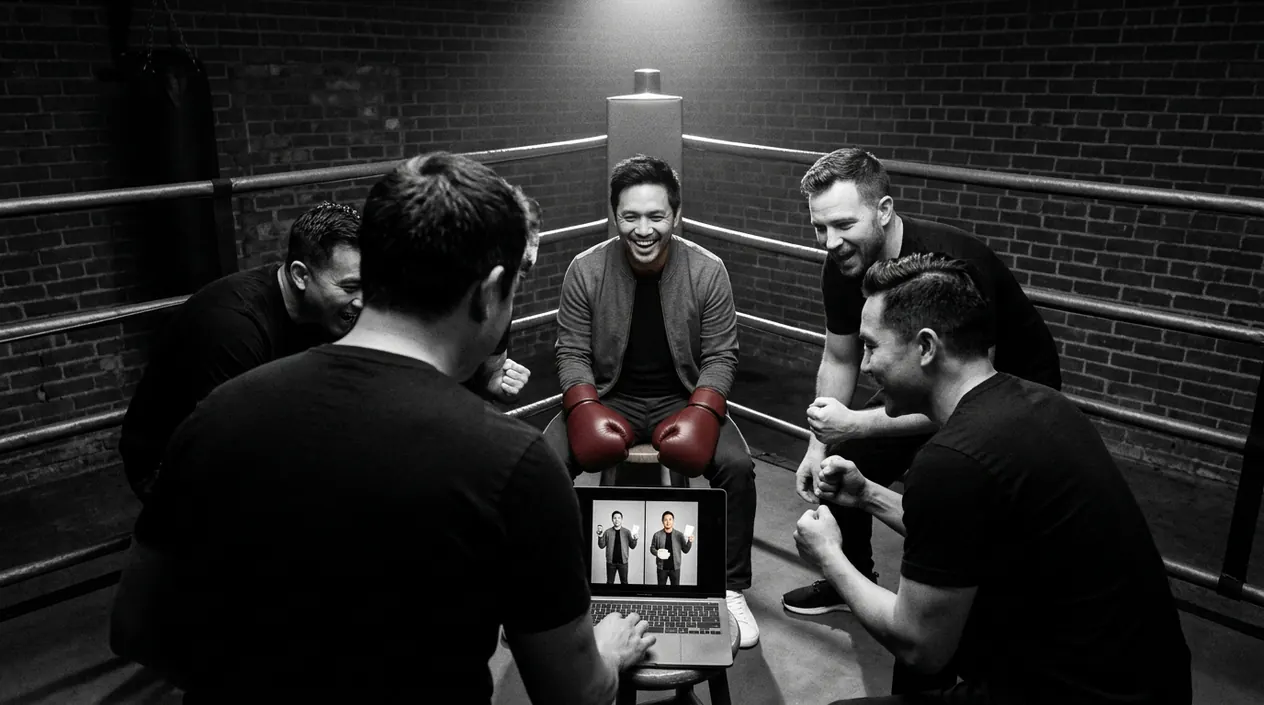 A laughing man in a grey jacket and red boxing gloves sits on a stool in the ring while his corner team huddles around a laptop with him
