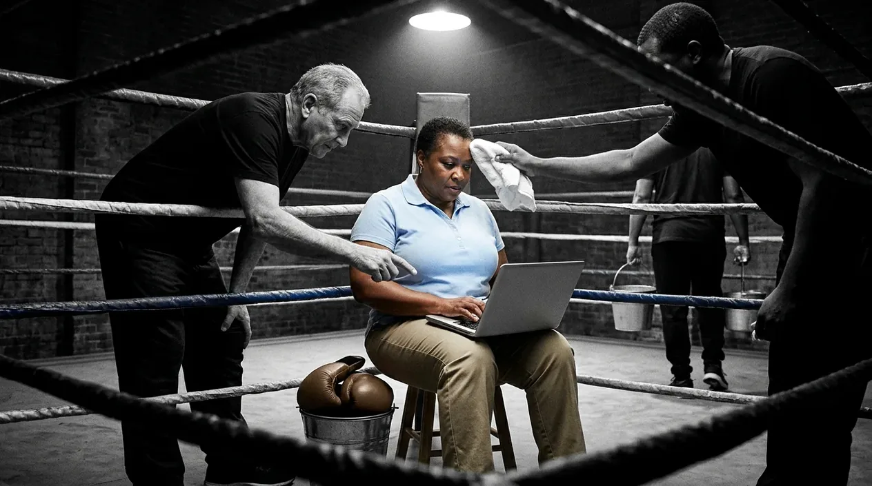 An owner in a blue shirt works on a laptop on her stool in the corner of a boxing ring while her corner team leans in, one checking the screen and one wiping her brow
