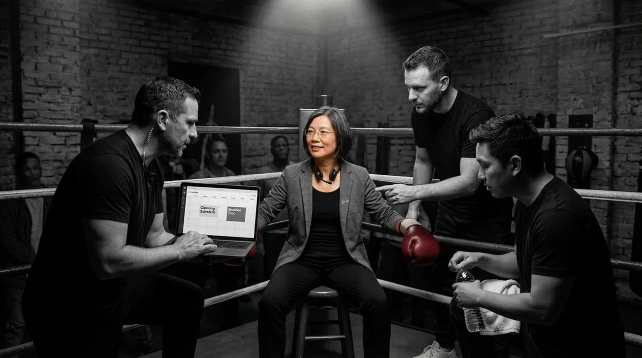 A woman in a grey blazer and red boxing gloves sits on a stool in her corner while her team shows her a schedule on a laptop, one pointing at her glove and another holding water and a towel