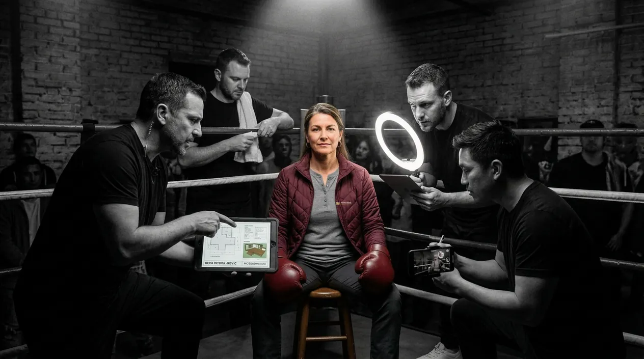 A woman in a maroon jacket and red boxing gloves sits on a stool while her corner team shows her a deck design on a tablet and films her with a phone and a ring light